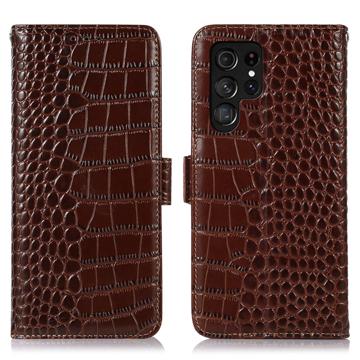 Crocodile Serie Samsung Galaxy S23 Ultra 5G Lederhülle mit Geldbörse mit RFID - Braun