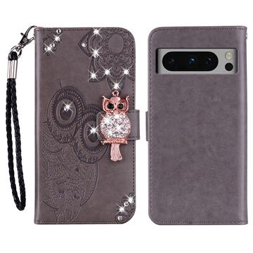 Google Pixel 8 Pro Eule Strass Wallet Hülle - grau