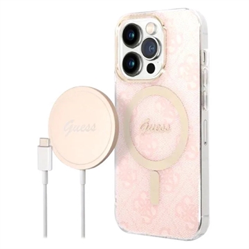 Guess 4G Edition Bundle Pack iPhone 14 Pro Hülle & Drahtloses Ladegerät - Pink