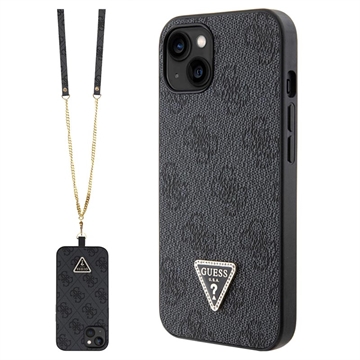 iPhone 15 Guess 4G Strass Triangle Metal Logo Hülle mit Crossbody Riemen - Schwarz