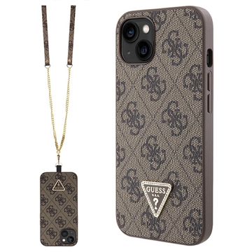 iPhone 15 Guess 4G Strass Triangle Metal Logo Hülle mit Crossbody Riemen - Braun