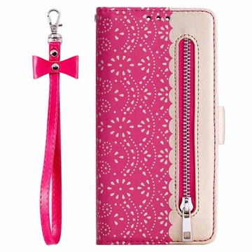 Lace Pattern Samsung Galaxy A21s Wallet Hülle mit Ständerfunktion - Hot Pink