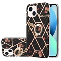 iPhone 15 Marble Pattern IMD TPU Hülle mit Ringhalter - Schwarz