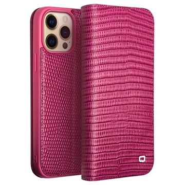 Qialino iPhone 14 Pro Lederhülle mit Geldbörse - Krokodil - Hot Pink