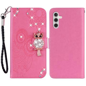 Samsung Galaxy A35 Eule Strass Wallet Case - Hot Pink