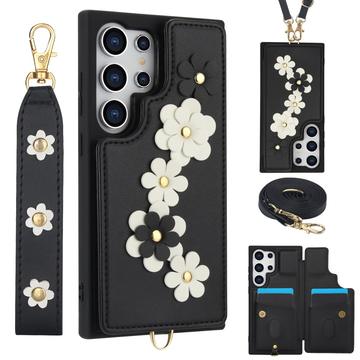 Samsung Galaxy S24 Ultra Hülle mit Blumendekor und Riemen - schwarz