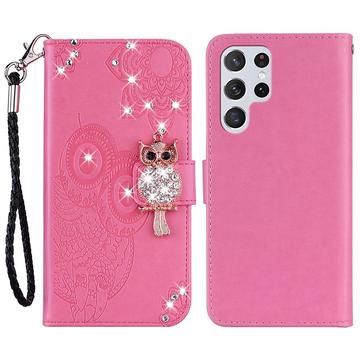 Samsung Galaxy S24 Ultra Eule Strass Wallet Hülle - Hot Pink