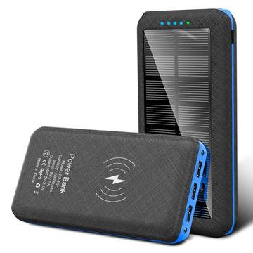 Solarstrom-Ladegerät 20000mAh mit drahtloser Aufladung, 3x USB-Anschlüsse, Dual-LED-Taschenlampe - Blau / Schwarz