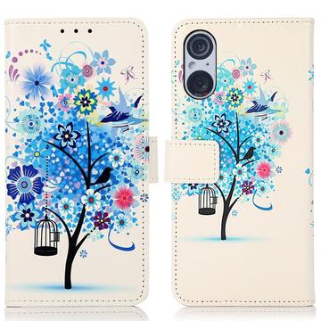 Sony Xperia 5 V Glam Serie Wallet Hülle - Blühender Baum / Blau