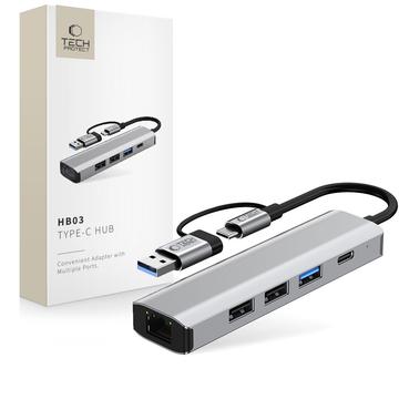 Tech-Protect HB03 5-in-1 USB-C Hub Adapter mit USB 2.0, USB 3.0, RJ45 Ethernet und Typ-C - Space Grau