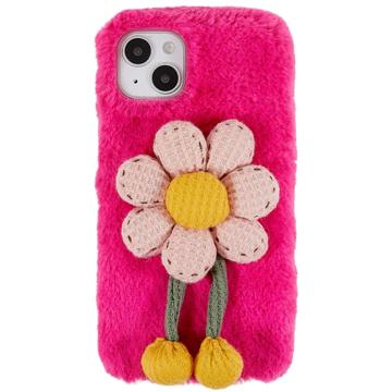 3D Plush Pelziger Winter iPhone 14 Plus TPU Hülle - Hot Pink-Blumen