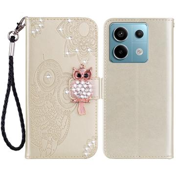 Xiaomi Redmi Note 13 4G Eule Strass Wallet Hülle - Gold