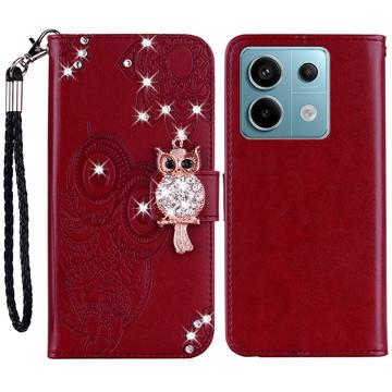 Xiaomi Redmi Note 13 Eule Strass Wallet Hülle - rot