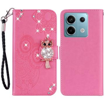 Xiaomi Redmi Note 13 Pro/Poco X6 Eule Strass Wallet Hülle - Hot Pink