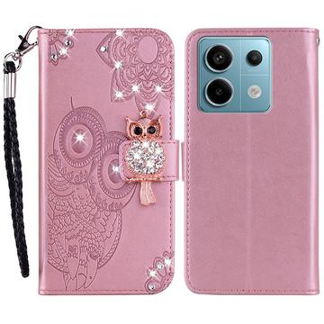 Xiaomi Redmi Note 13 Pro/Poco X6 Eule Strass Wallet Hülle - Roségold