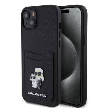 iPhone 15 Karl Lagerfeld Saffiano Kartenschlitz Metall Karl & Choupette Hülle - schwarz