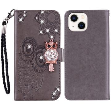 iPhone 15 Eule Strass Wallet Hülle - Grau