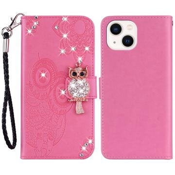 iPhone 15 Eule Strass Wallet Hülle - Hot Pink