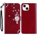 iPhone 15 Eule Strass Wallet Hülle - Rot