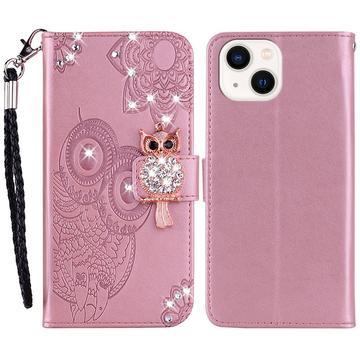 iPhone 15 Eule Strass Wallet Hülle - Roségold