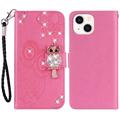 iPhone 15 Plus Eule Strass Wallet Case - Hot Pink