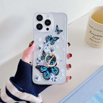 iPhone 15 Pro Max Schmetterling TPU Hülle mit Ringhalterung - Dunkelblau