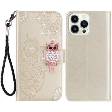 iPhone 15 Pro Max Eule Strass Wallet Hülle - Gold