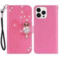 iPhone 15 Pro Max Eule Strass Wallet Case - Hot Pink