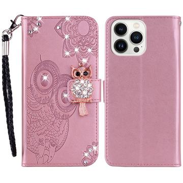 iPhone 15 Pro Eule Strass Wallet Hülle - Rose Gold