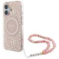 iPhone 16 Guess IML Blumen Allover Electro Hülle mit Perle Riemen - MagSafe kompatibel - Rosa