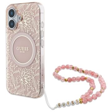 iPhone 16 Guess IML Blumen Allover Electro Hülle mit Perle Riemen - MagSafe kompatibel