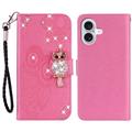 iPhone 16 Eule Strass Wallet Hülle - Hot Pink