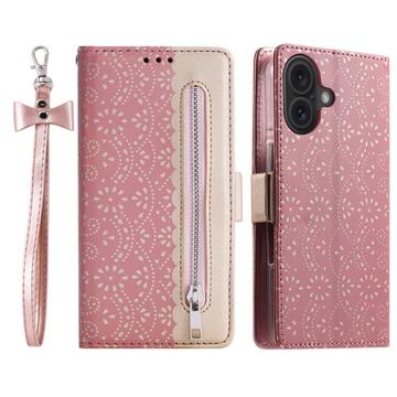 iPhone 16 Plus Lace Pattern Schutzhülle mit Geldbörse - Roségold